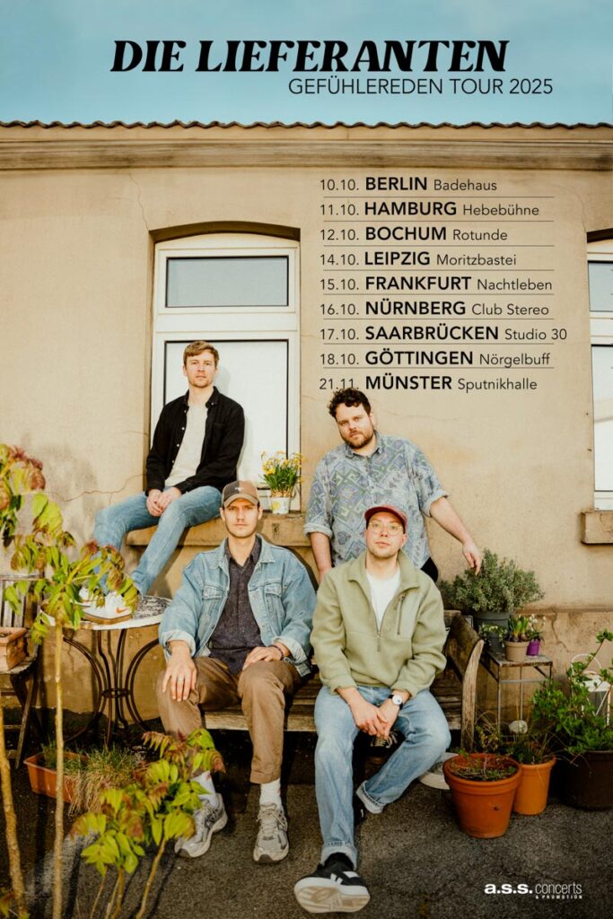 Offizielles Tourplakat 'Gefühlereden Tour 2025' der Band Die Lieferanten. Bandfoto aufgenommen von Lars Dargel